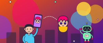 Парень поднимает смартфон с аниме-версией своего лица на фоне вечернего города, рядом его рисованный двойник и робот